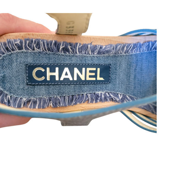 Chanel Denim Clogs CC Logo Sandals Blue Strappy Pearls Heel Shoes Day 7.5 38 - Picture 6 of 12